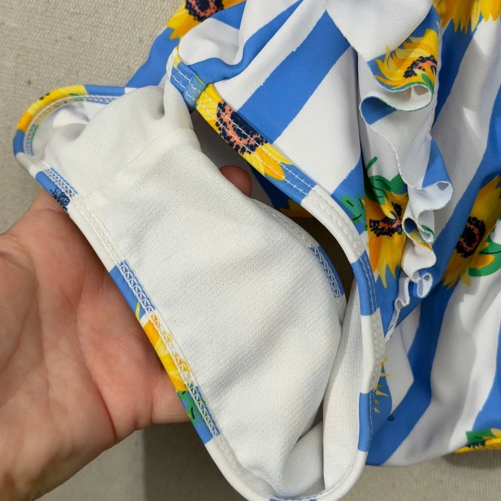 Tommy Bahama One Piece Swimsuit Girls 10 Blue Sunflower Ruffle Striped Bee Print